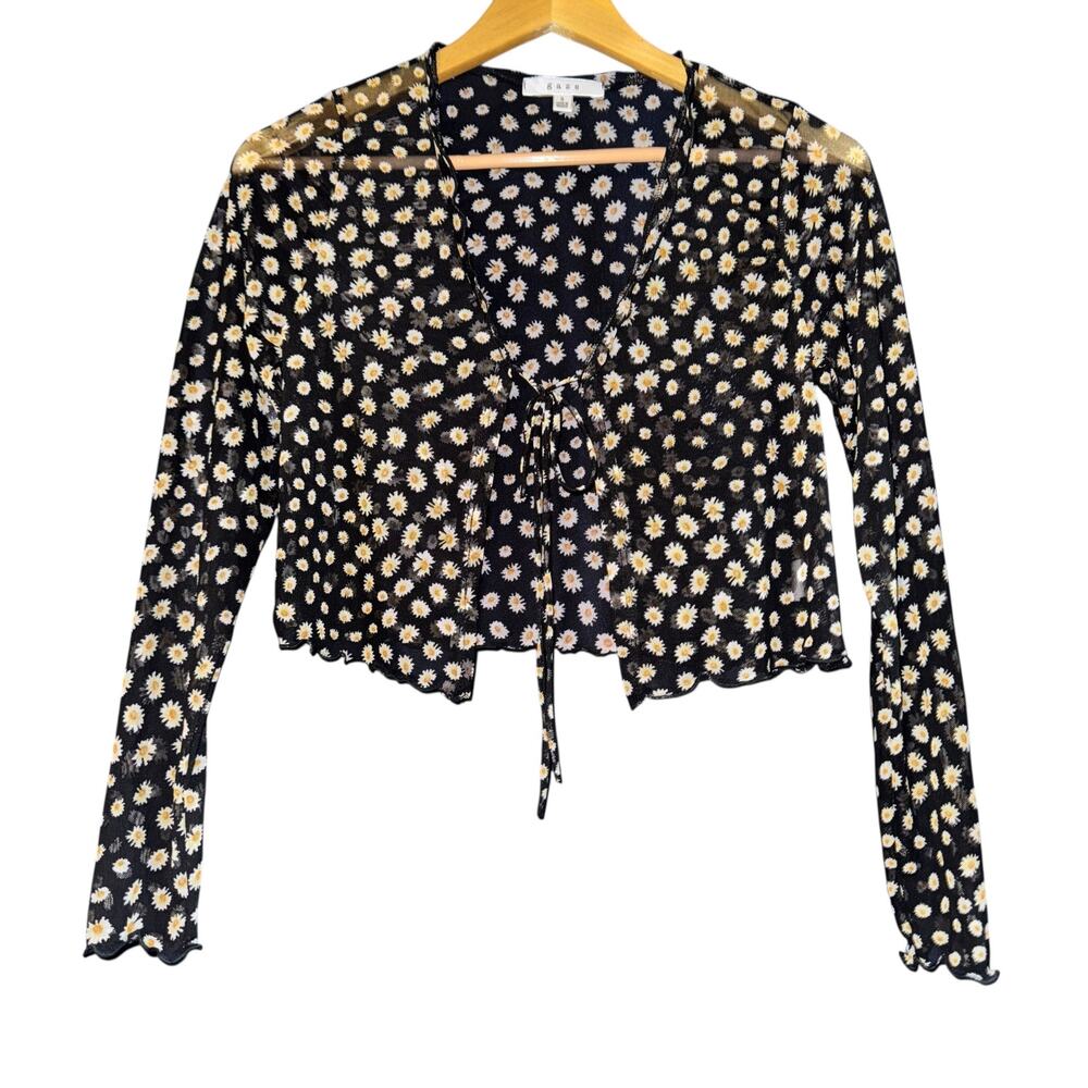 Gaze Sheer Daisy Tie Front Cropped Top Size Small Y2K Style Lettuce Hem Fairy